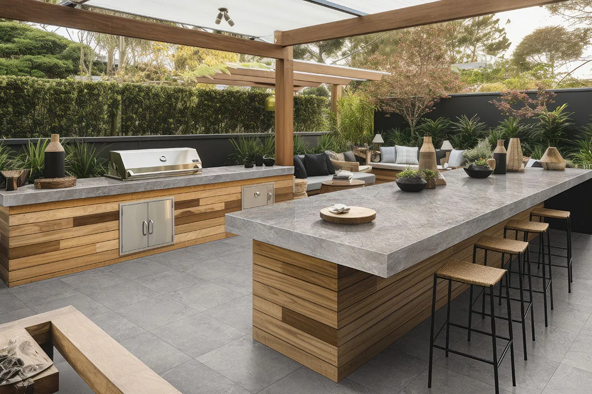 Outdoor kitchen with a stone countertop on a wood-clad island